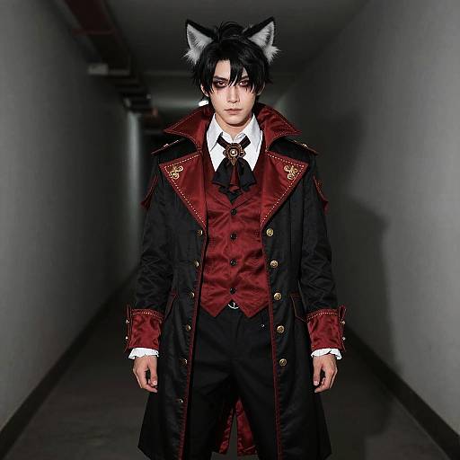 Photograph of an androgynous male model with black hair, cat ears, wearing a black and red Victorian-style coat, white shirt, black