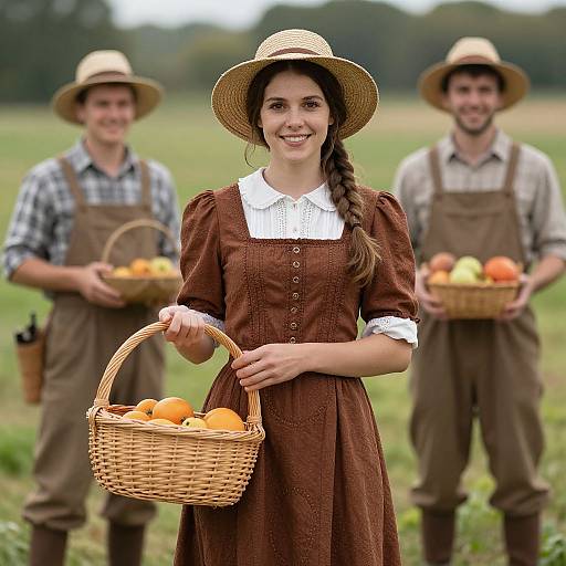 Photograph of a smiling young woman in a brown dress and straw hat, holding a basket of oranges, standing in a grassy field with two smiling
