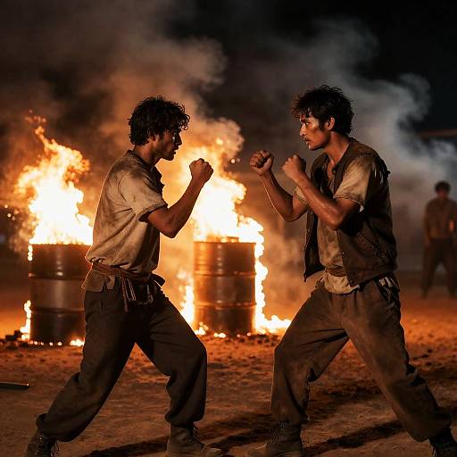 Intense Night Fight Among Flames