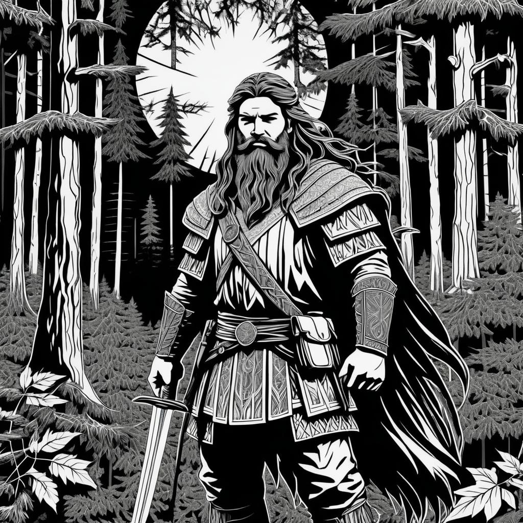 Ancient Ranger in Black and White Woodcut