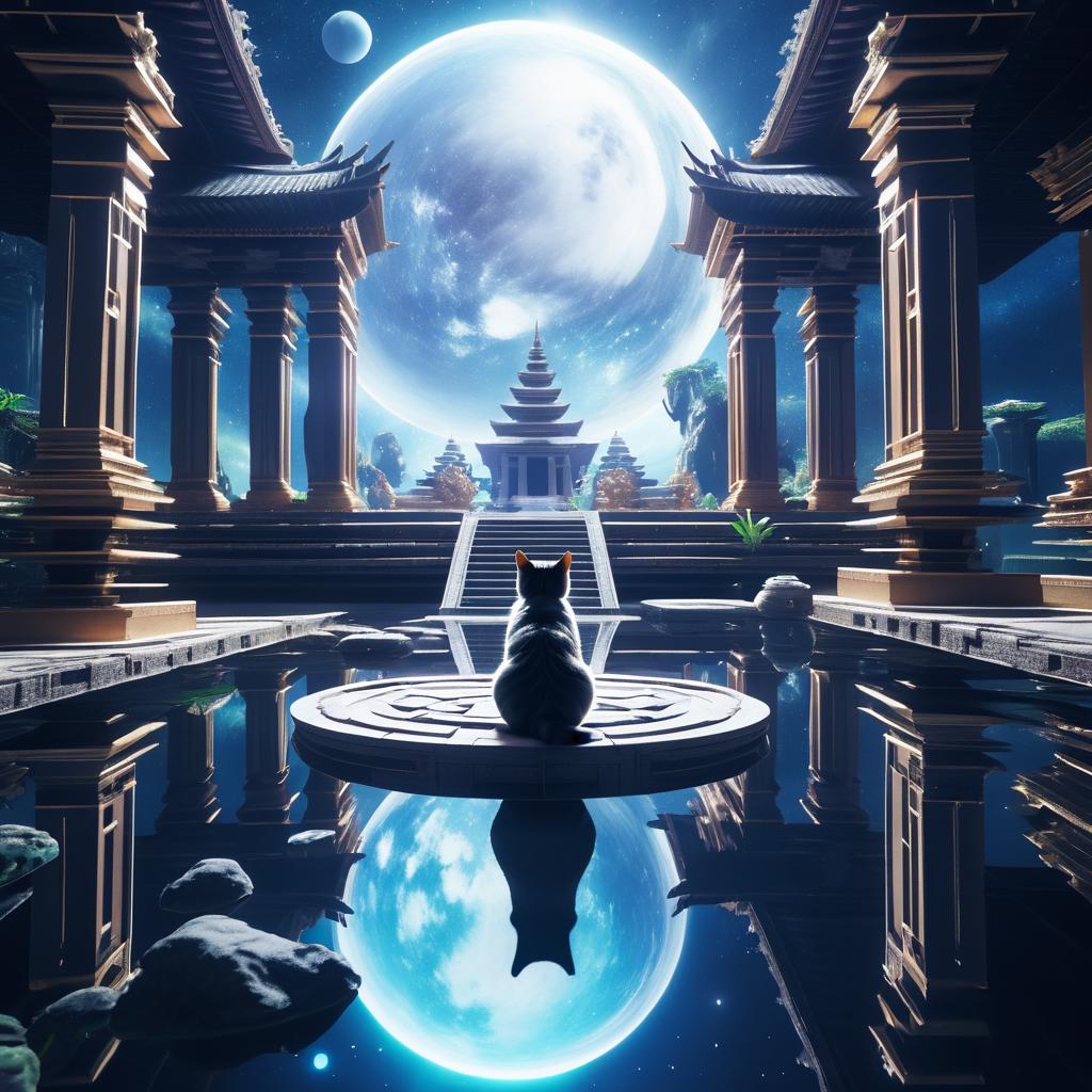 Floating Cat Humanoid in Cosmic Temple