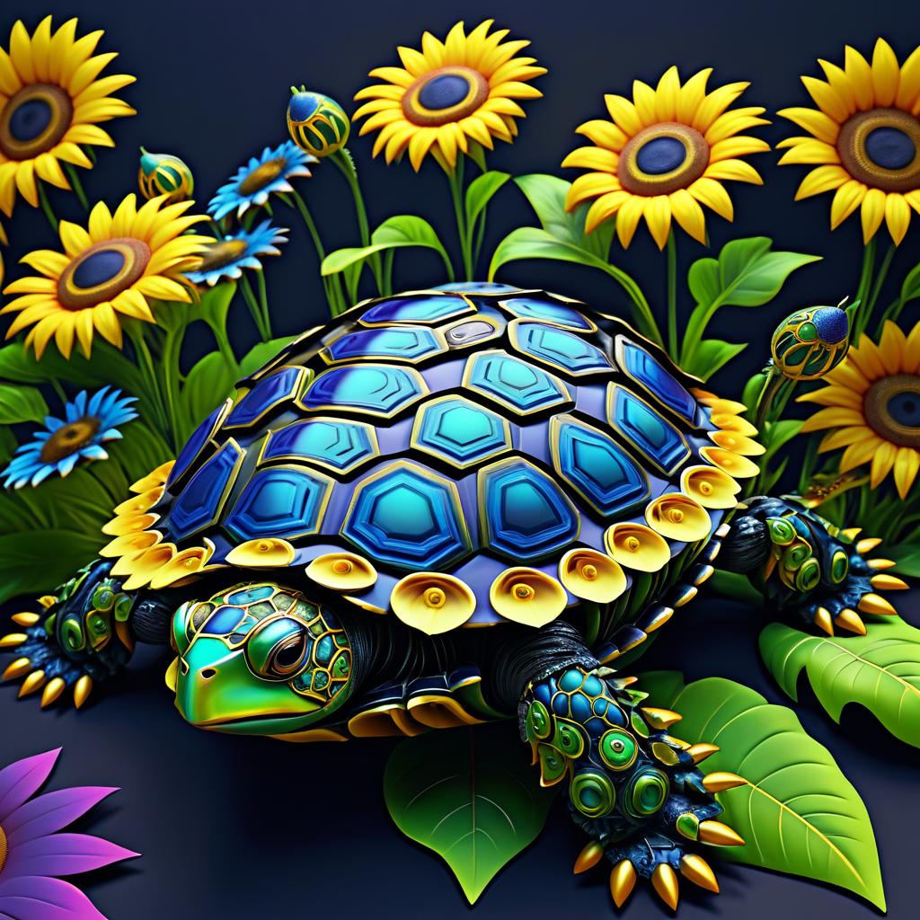 Vivid 3D Turtle with Sunflowers Design