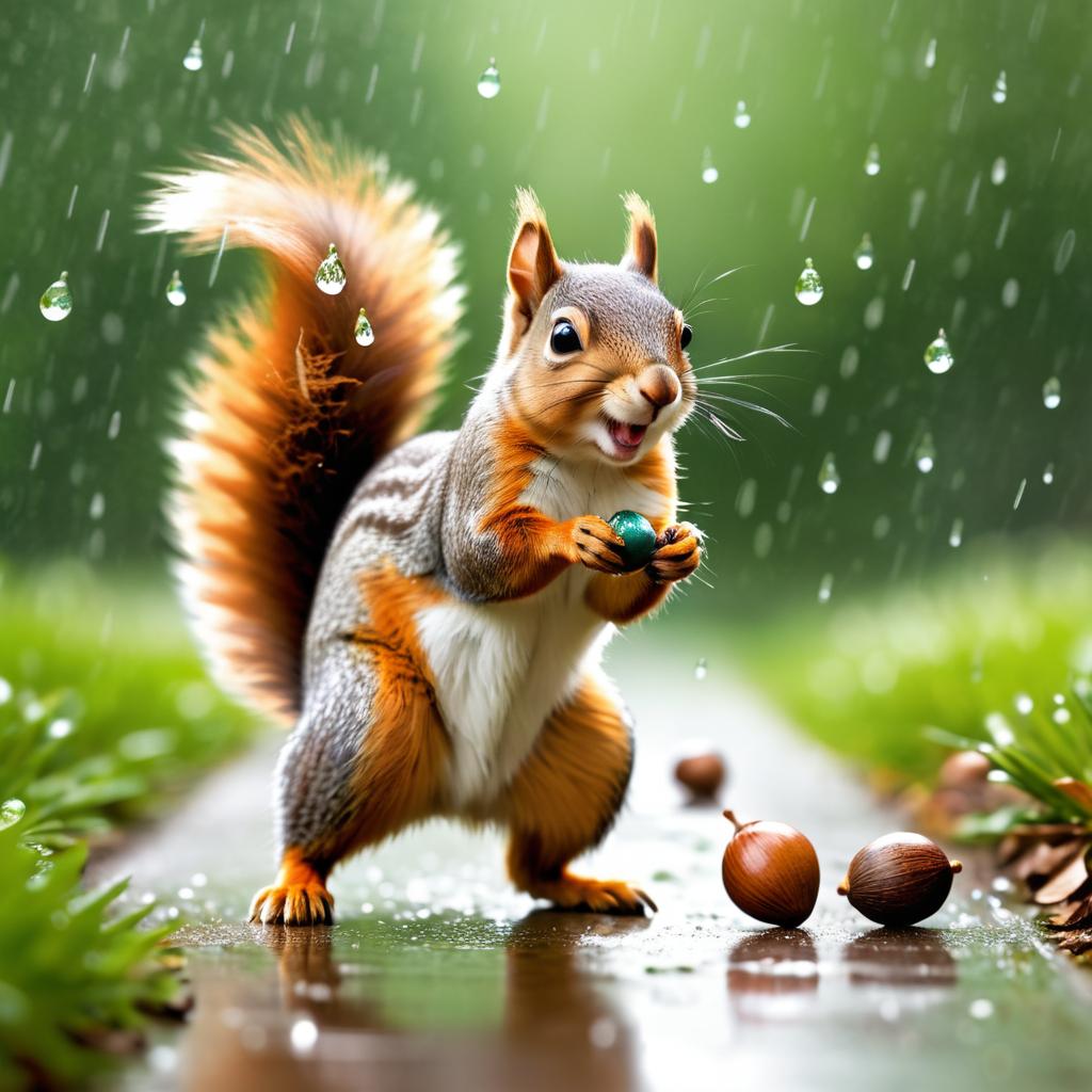 Playful Squirrel in Gentle Spring Rain