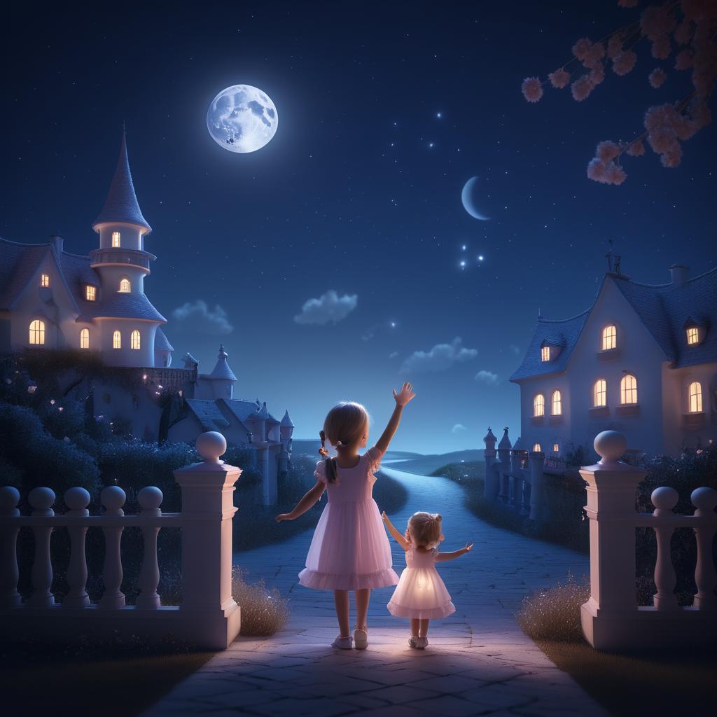 Dreamy Nighttime Scene with Girl and Doll