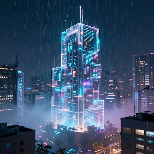 Neon-lit skyscraper with glowing blue and purple lights stands amid a rainy night cityscape, surrounded by fog and smaller buildings.