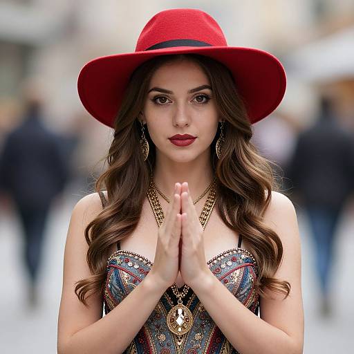 Photograph of a young woman with long brown hair, wearing a red hat, colorful patterned dress, and gold necklace, praying with hands together,