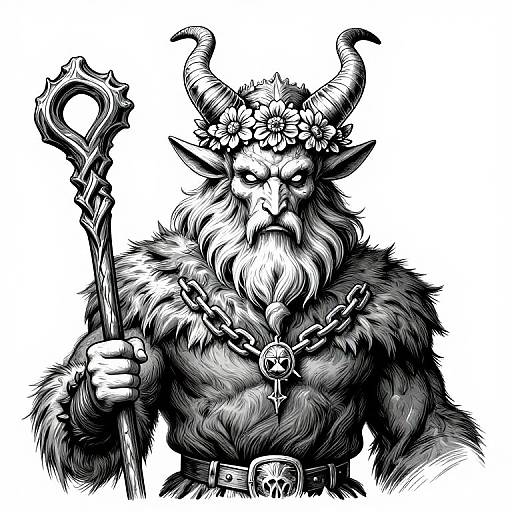 Black and white digital drawing of a fierce, horned demon with a beard, holding a twisted staff, adorned with flowers and chains.