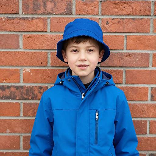 Boy in Blue Jacket by Brick Wall