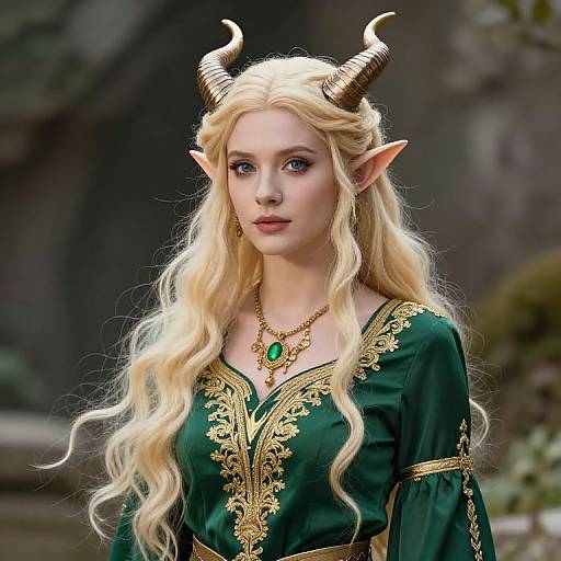 Blonde Elf with Horns in Green Dress