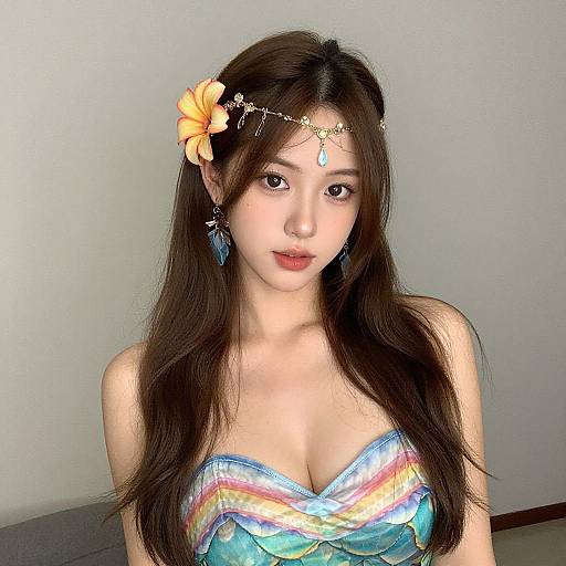 Asian woman with long brown hair, wearing a rainbow-striped strapless dress, yellow flower headpiece, gold chain headpiece, and blue teardrop