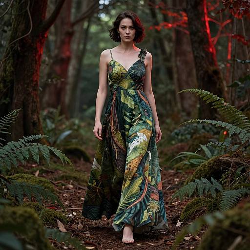 Photograph of a fair-skinned woman with short dark hair, wearing a colorful, floral-patterned, sleeveless dress, walking barefoot through a