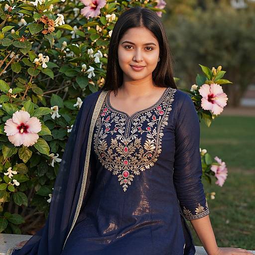 Photograph of a young South Asian woman with dark hair, wearing a navy blue embroidered kameez and shawl, standing outdoors among blooming pink