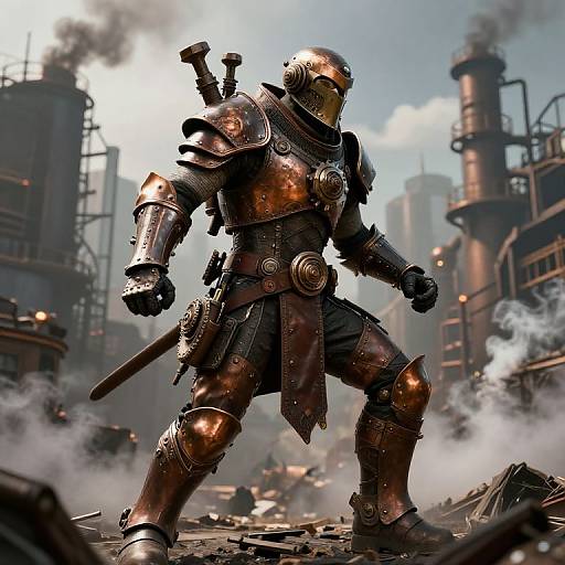 Steampunk Gry Warrior in Industrial City