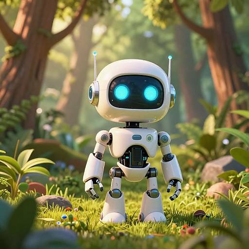 CGI image of a white, glowing blue-eyed robot with antennae standing in a sunlit, lush forest clearing with green grass and trees.