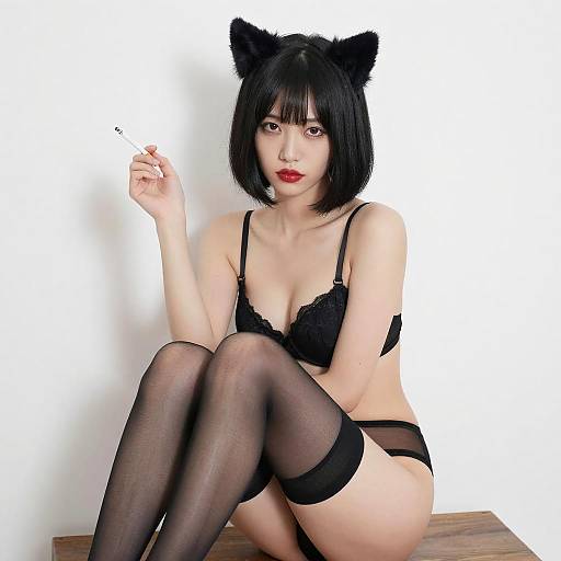 Seductive Asian Woman in Black Lingerie