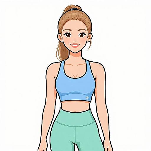 Digital anime-style drawing of a smiling, light-skinned woman with brown hair in a ponytail, wearing a blue sports bra and green pants.