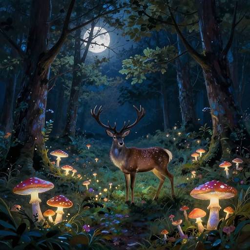 Digital fantasy artwork of a majestic deer with antlers standing in a moonlit forest, surrounded by glowing mushrooms and fireflies.