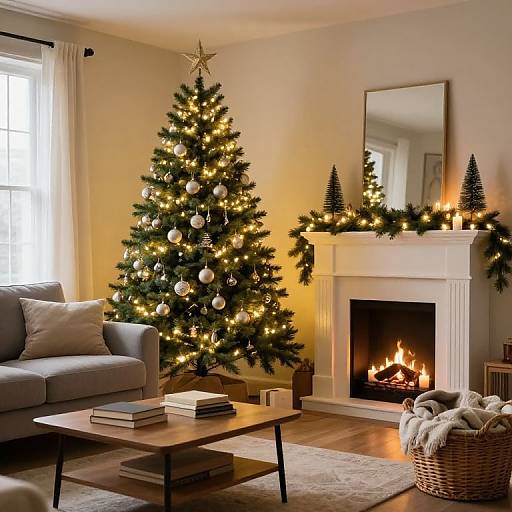 Cozy living room photograph featuring a decorated Christmas tree, lit fireplace, gray sofa, wooden coffee table, wicker basket with blanket, and warm yellow