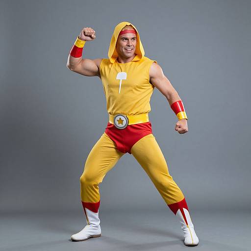Photograph of a muscular man in a yellow and red superhero costume, flexing his right arm, gray background, white boots, red belt, red