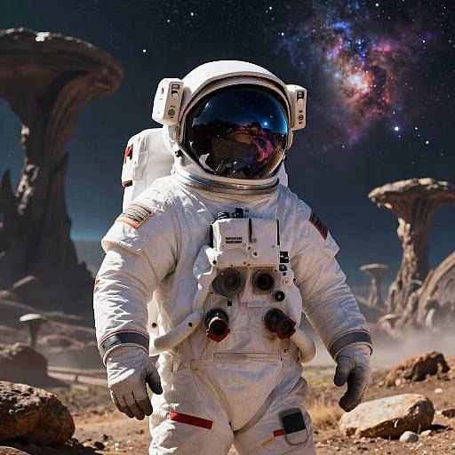 Photorealistic digital art of an astronaut in a white spacesuit with reflective helmet, standing on a rocky, alien landscape with tall, mushroom-like structures