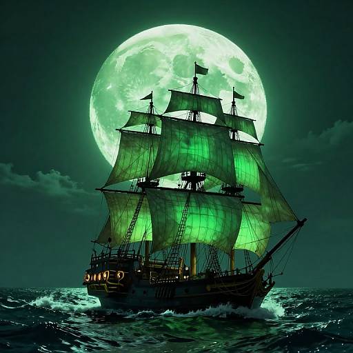 Digital illustration of a dark, wooden pirate ship with glowing green sails set against a massive, luminous full moon over a turbulent ocean.
