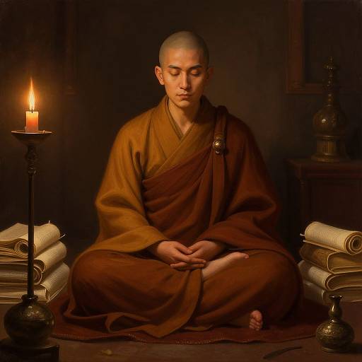 Photograph of a serene Buddhist monk with shaved head, brown robe, sitting cross-legged, meditating by candlelight with stacked books.