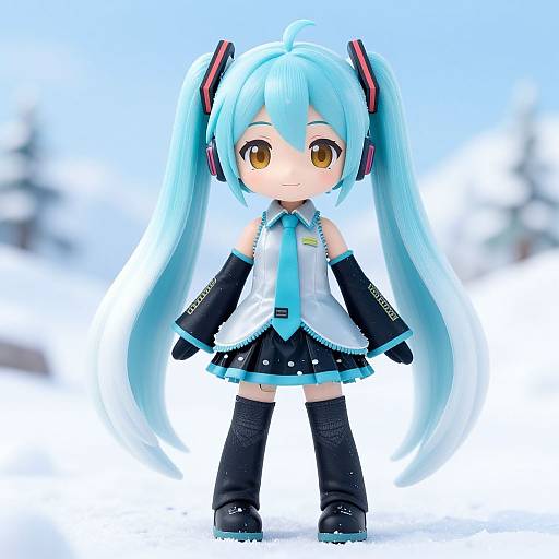 Chibi-style photograph of Hatsune Miku with long turquoise twin-tails, yellow eyes, black and turquoise outfit, and black boots, standing against