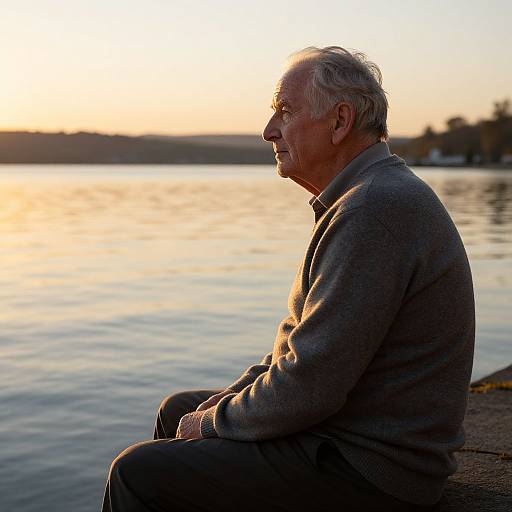 Photograph of an elderly man with white hair, wearing a gray sweater, sitting by a serene lake during sunset, reflected light on water.