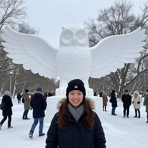 Woman Smiling by Snow Owl Sculpture