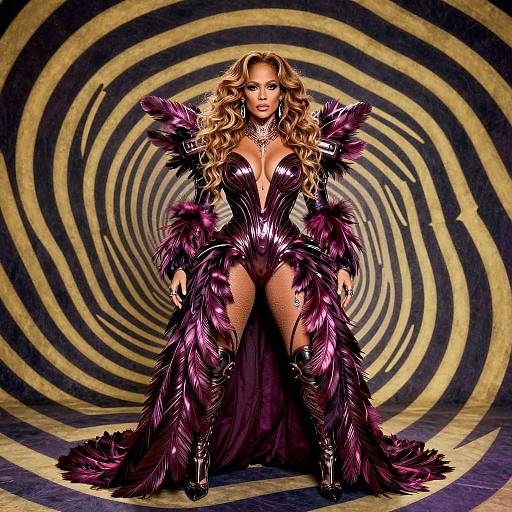 Photograph of a blonde woman with long curls, wearing a deep purple, feathered, plunging bodysuit, standing against a hypnotic black
