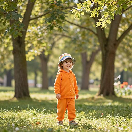Photograph of a smiling young boy in an orange outfit and white sun hat, standing in a sunlit park with trees.