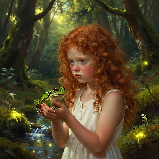 Curious Girl with Frog in Mystical Forest