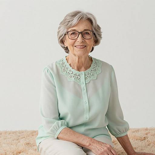 Photograph of an elderly woman with short gray hair, glasses, smiling, wearing a light green blouse with lace collar, seated on a beige carpet against