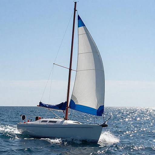White Sailboat on Sparkling Blue Ocean
