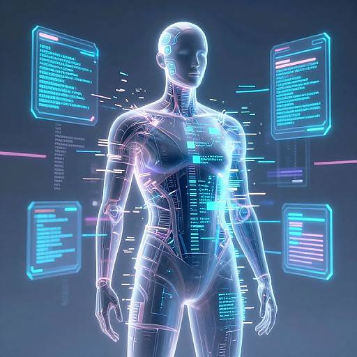 Digital CGI image of a glowing, neon blue, semi-transparent human silhouette with holographic code and text floating around. Cybernetic, futuristic style.