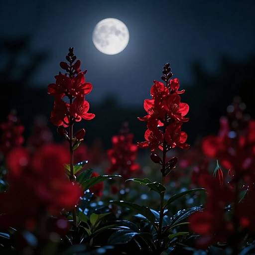 Nocturnal Garden with Vibrant Red Flowers