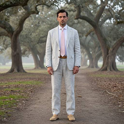 Photograph of a serious-looking man in a light gray suit, white shirt, brown belt, and tan shoes, standing on a dirt path in a