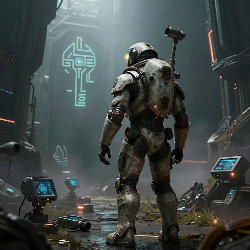 Sci-fi digital artwork: A lone, armored humanoid with a backpack and hammer stands in a neon-lit, futuristic, dystopian alleyway with glowing