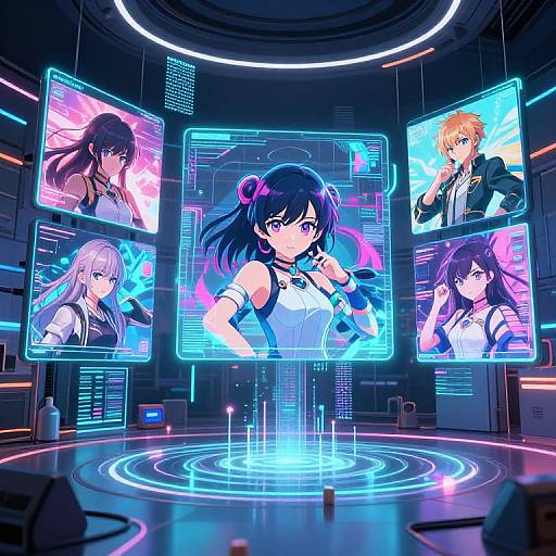 Neon-lit sci-fi room with holographic screens displaying five anime characters, central female with black hair, surrounded by glowing blue and pink lights.