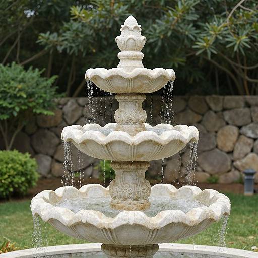 Photograph of a white, three-tiered, ornate stone fountain with cascading water, set in a lush garden with greenery and a stone