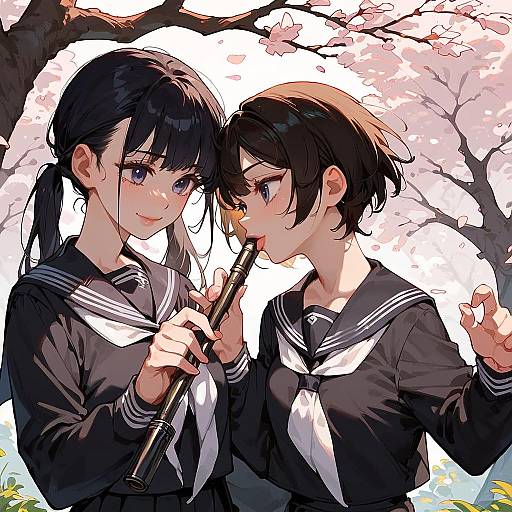 Two Girls Playing Recorder Under Sakura Tree