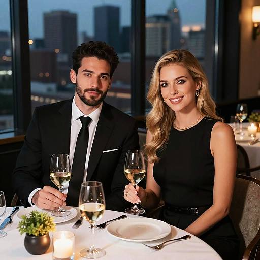 Photograph of a bearded man in a black suit and a blonde woman in a black dress, holding wine glasses, seated at a dimly lit