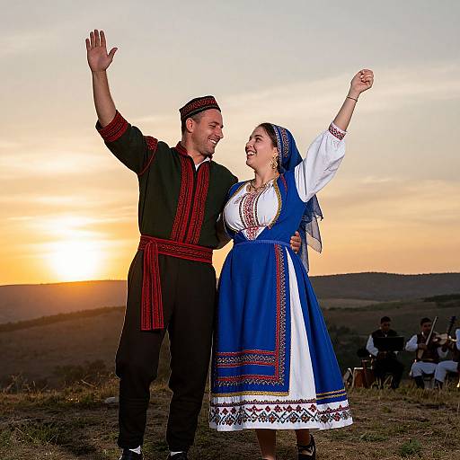 Photograph of a smiling couple in traditional folk attire, raising arms at sunset on a grassy hill, with a group seated in the background.