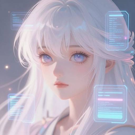 Digital anime-style portrait of a pale-skinned, white-haired girl with large, glowing purple eyes. Neon text overlays surround her face, set against a