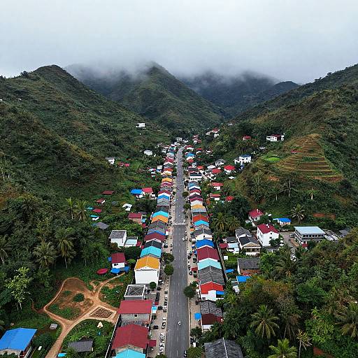Aerial photograph of a small mountain village with colorful roofs, nestled between lush green hills and mist-covered peaks.