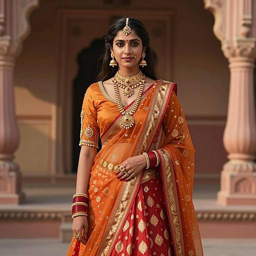 Indian Woman in Traditional Orange and Red Lehenga