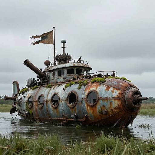 Photograph of a rusted, abandoned steamboat with overgrown grass, a tattered flag, and circular portholes, floating in a marsh