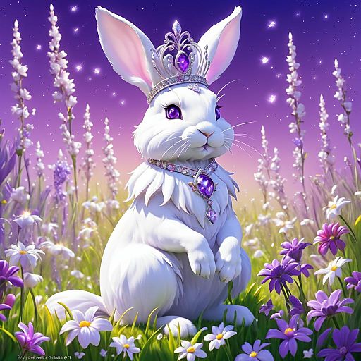 Regal White Rabbit in Floral Fantasy Regal White Rabbit in Floral Fantasy