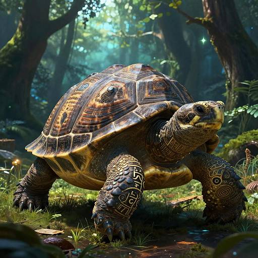 Photorealistic CGI of a detailed, patterned turtle with textured skin, standing in a sunlit, lush forest, surrounded by moss and grass.