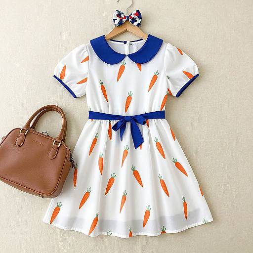 Photograph of a white dress with orange carrot prints, blue collar and belt, on a wooden hanger, paired with a brown leather handbag.